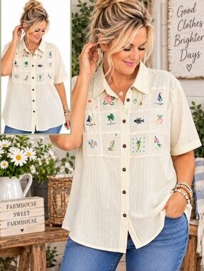 Koret Francisca Large Yellow Stripe Embroidered Coastal Button Front Shirt